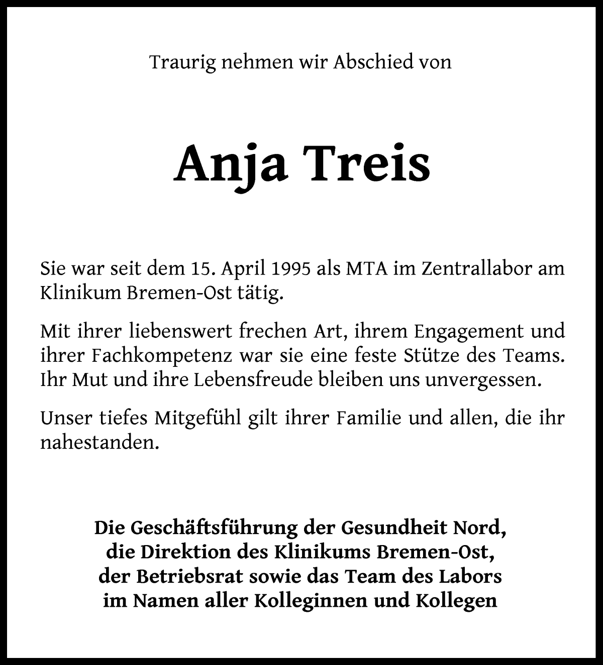 Traueranzeige von Anja Treis von WESER-KURIER