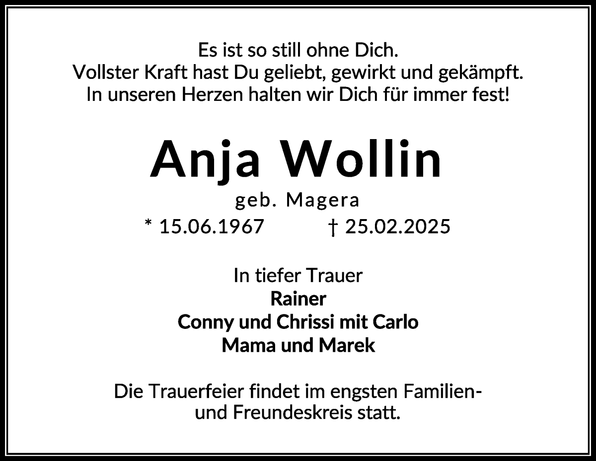 Traueranzeige von Anja Wollin von WESER-KURIER