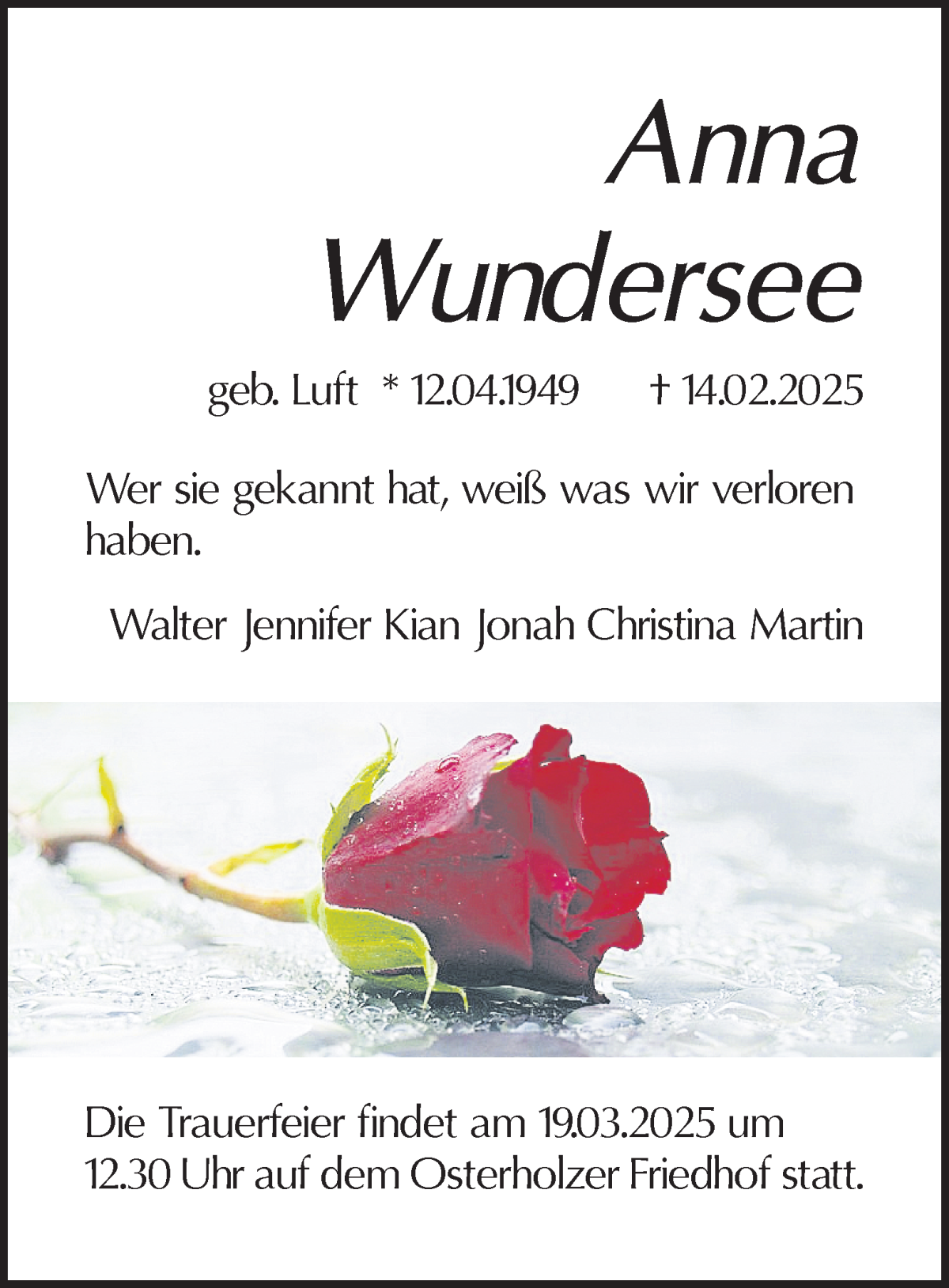 Traueranzeige von Anna Wundersee von WESER-KURIER