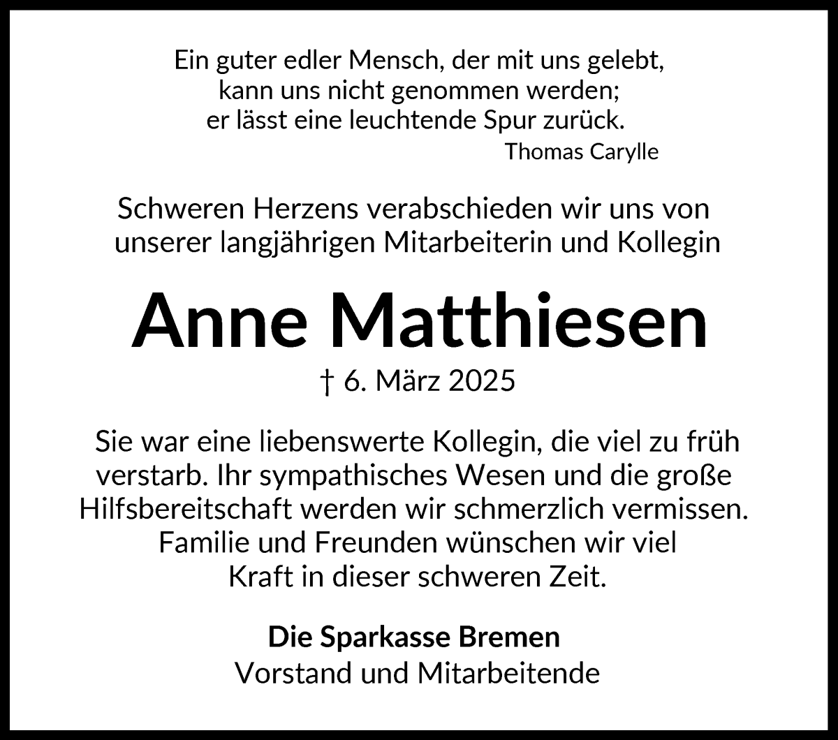 Traueranzeige von Anne Matthiesen von WESER-KURIER