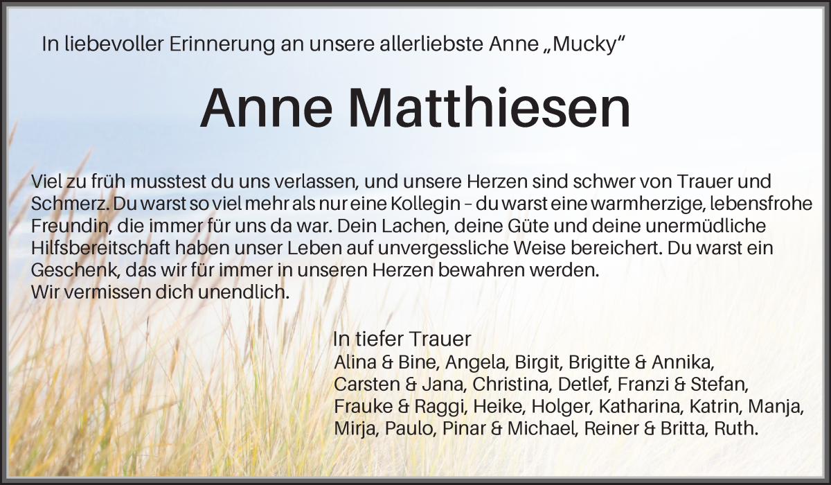 Traueranzeige von Anne Matthiesen von WESER-KURIER