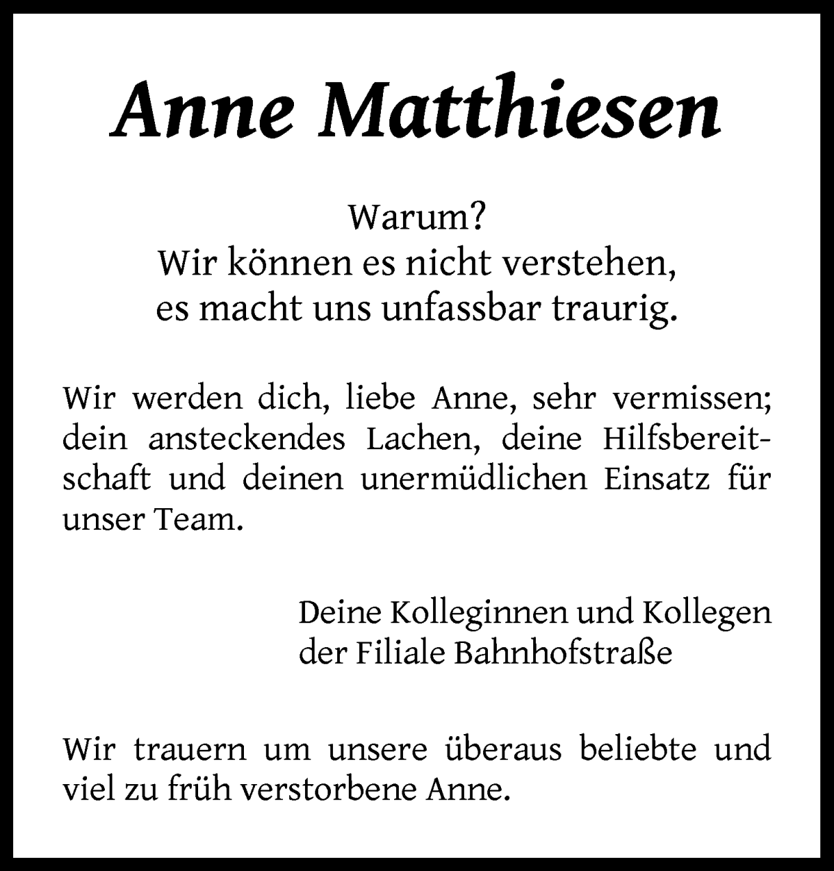 Traueranzeige von Anne Matthiesen von WESER-KURIER