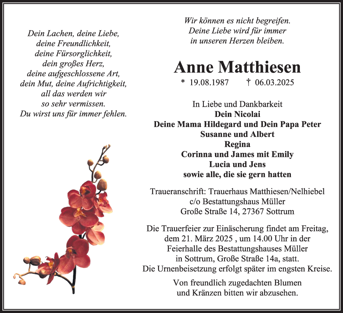 Traueranzeige von Anne Matthiesen von WESER-KURIER