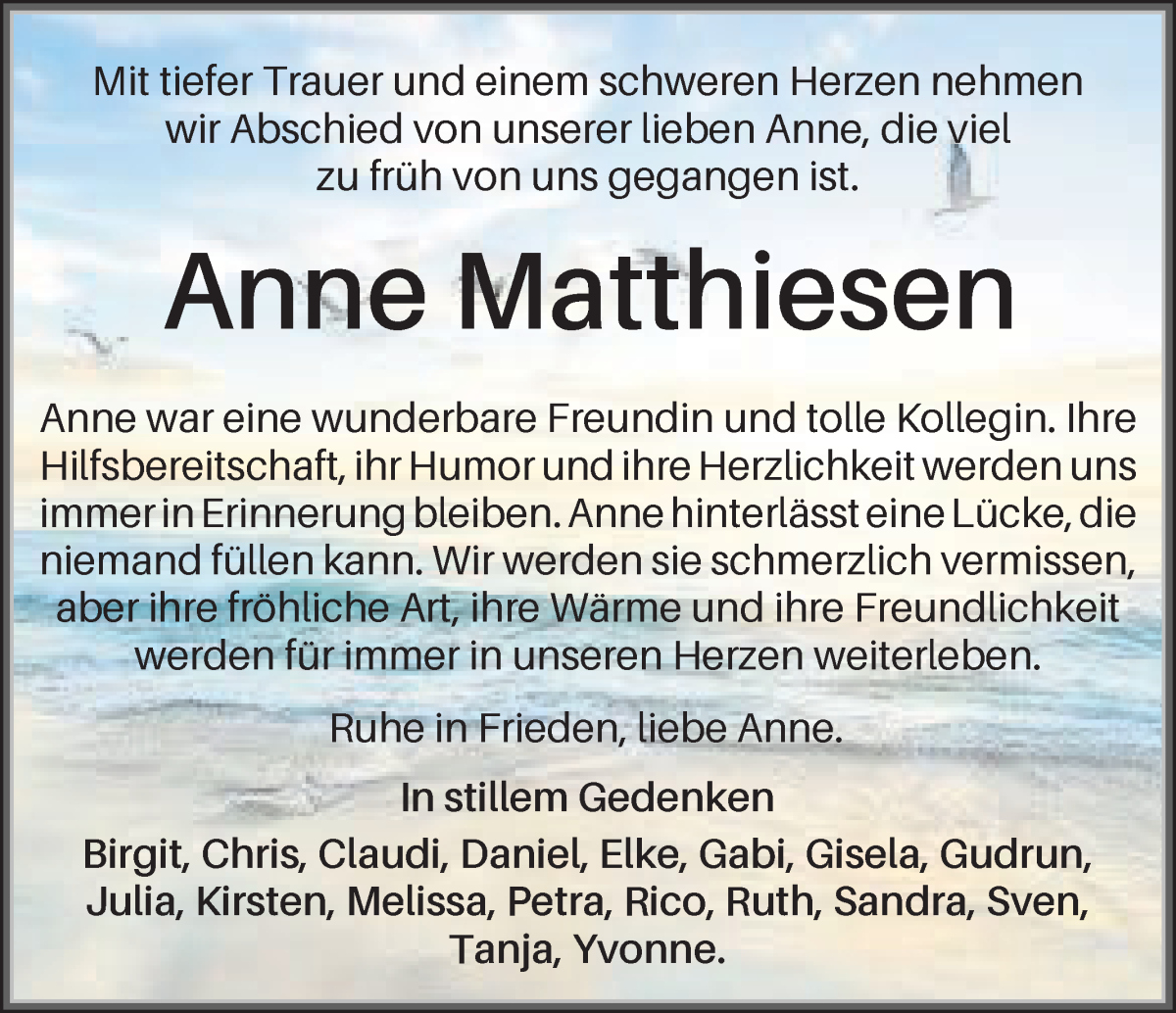 Traueranzeige von Anne Matthiesen von WESER-KURIER