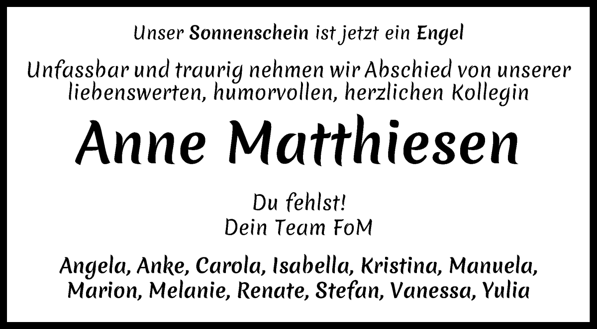 Traueranzeige von Anne Matthiesen von WESER-KURIER