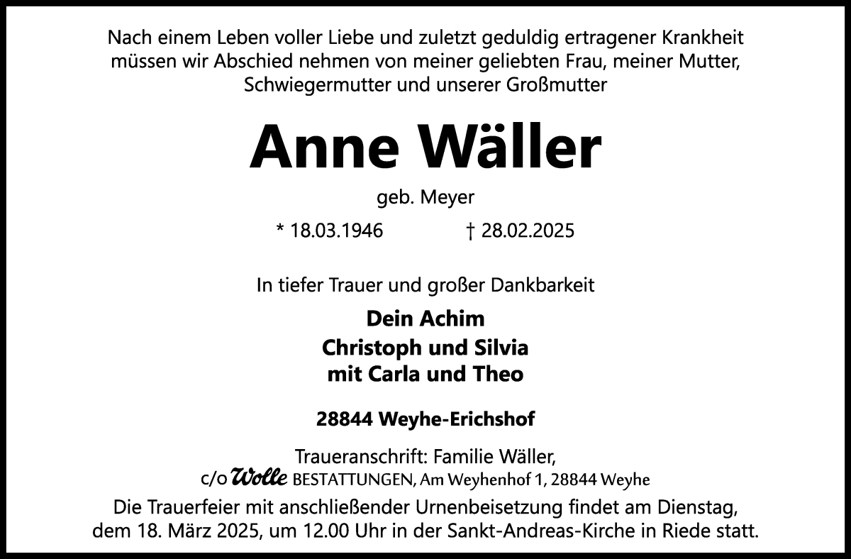 Traueranzeige von Anne  Wäller von WESER-KURIER
