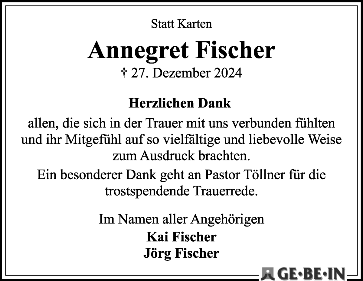 Traueranzeige von Annegret Fischer von WESER-KURIER