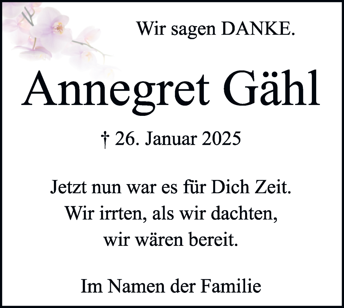 Traueranzeige von Annegret Gähl von Osterholzer Kreisblatt