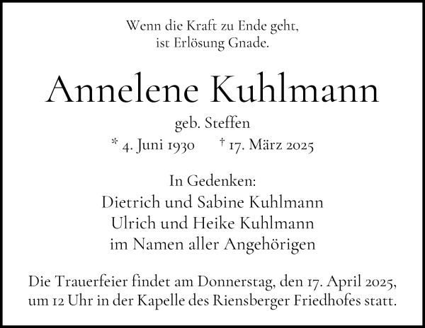 Traueranzeige von Annelene Kuhlmann von WESER-KURIER