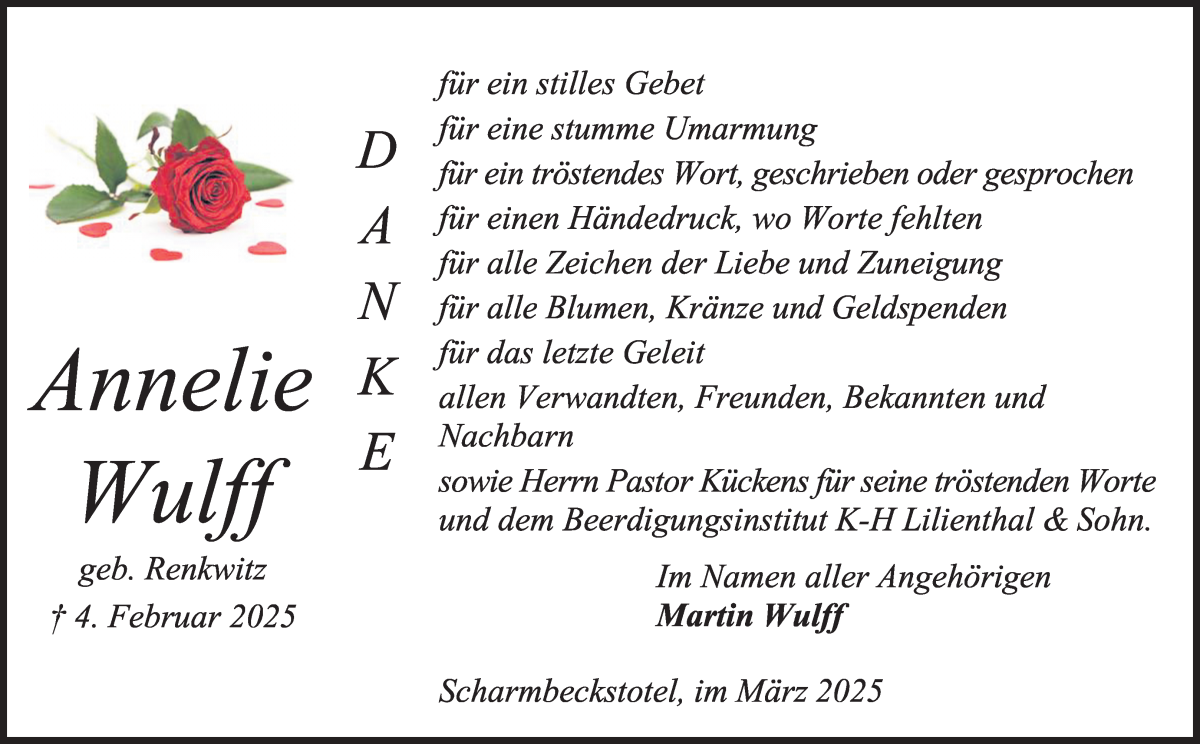 Traueranzeige von Annelie Wulff von Osterholzer Kreisblatt