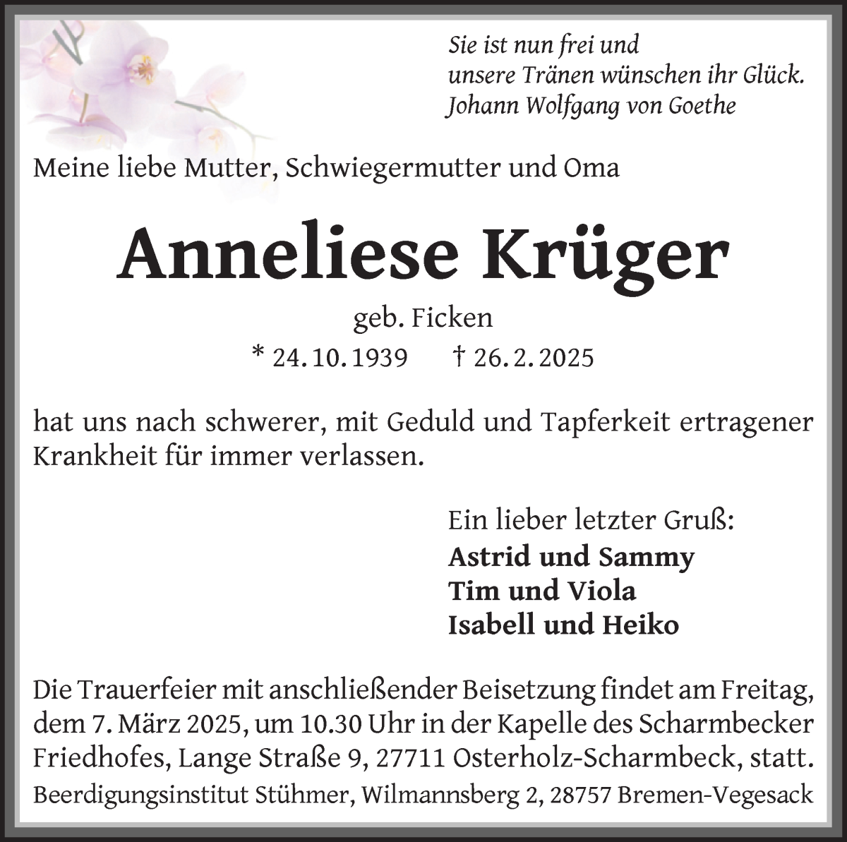 Traueranzeige von Anneliese Krüger von Osterholzer Kreisblatt