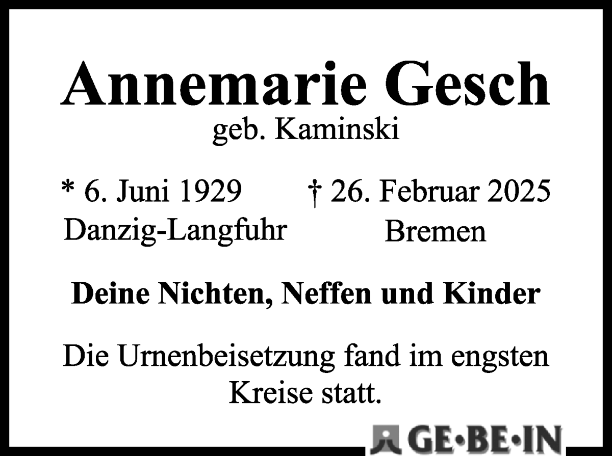 Traueranzeige von Annemarie Gesch von WESER-KURIER