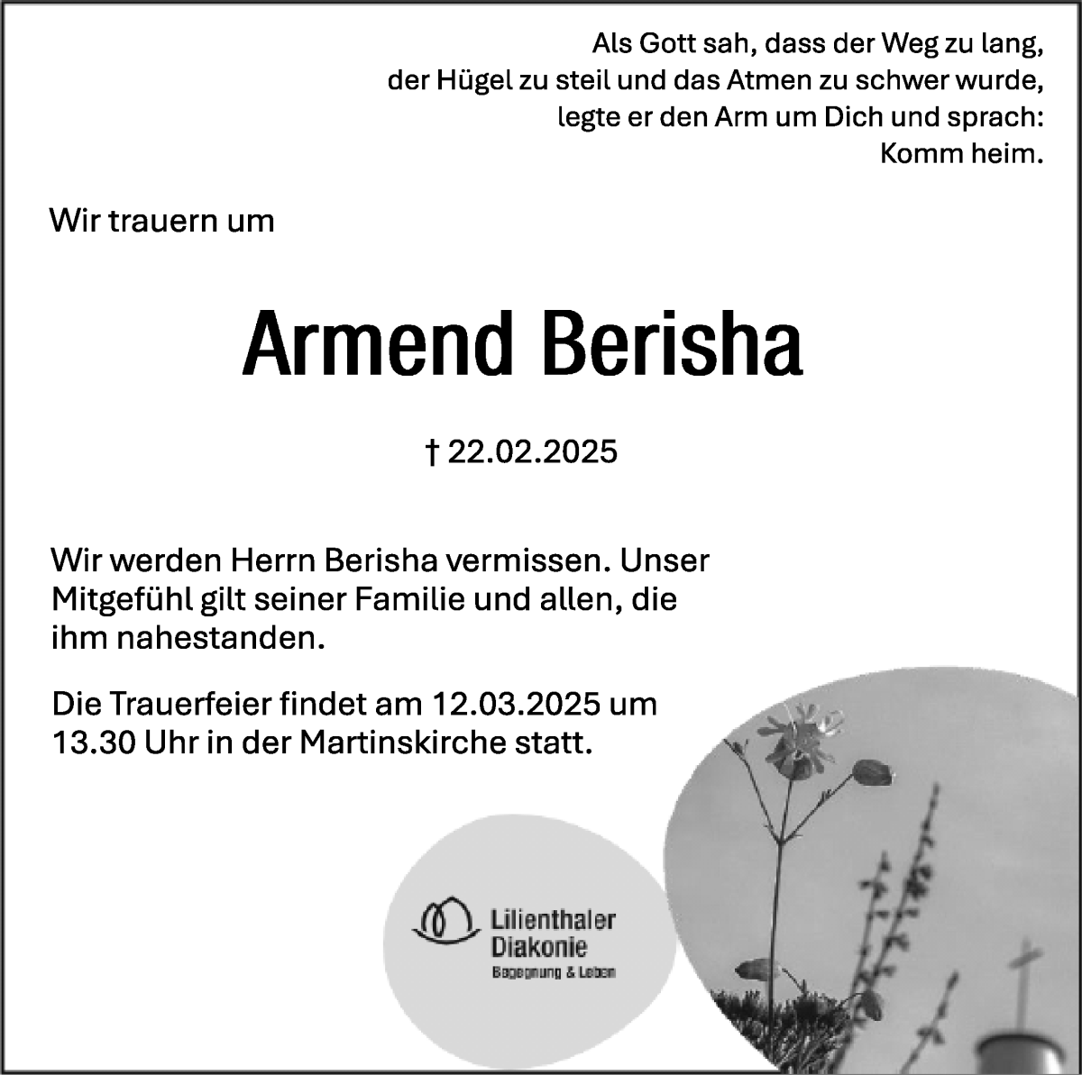 Traueranzeige von Armend Berisha von Wuemme Zeitung
