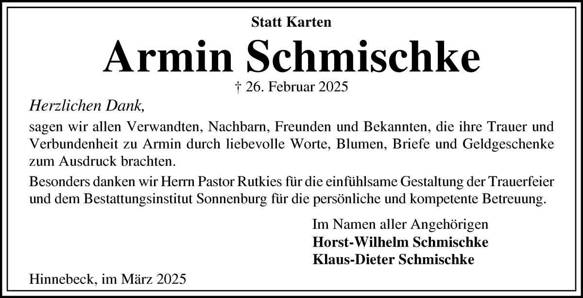 Traueranzeige von Armin Schmischke von Die Norddeutsche