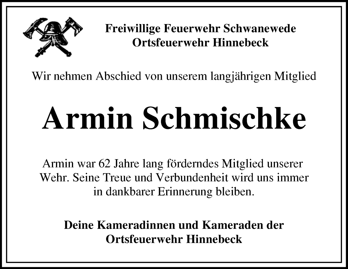 Traueranzeige von Armin Schmischke von Die Norddeutsche