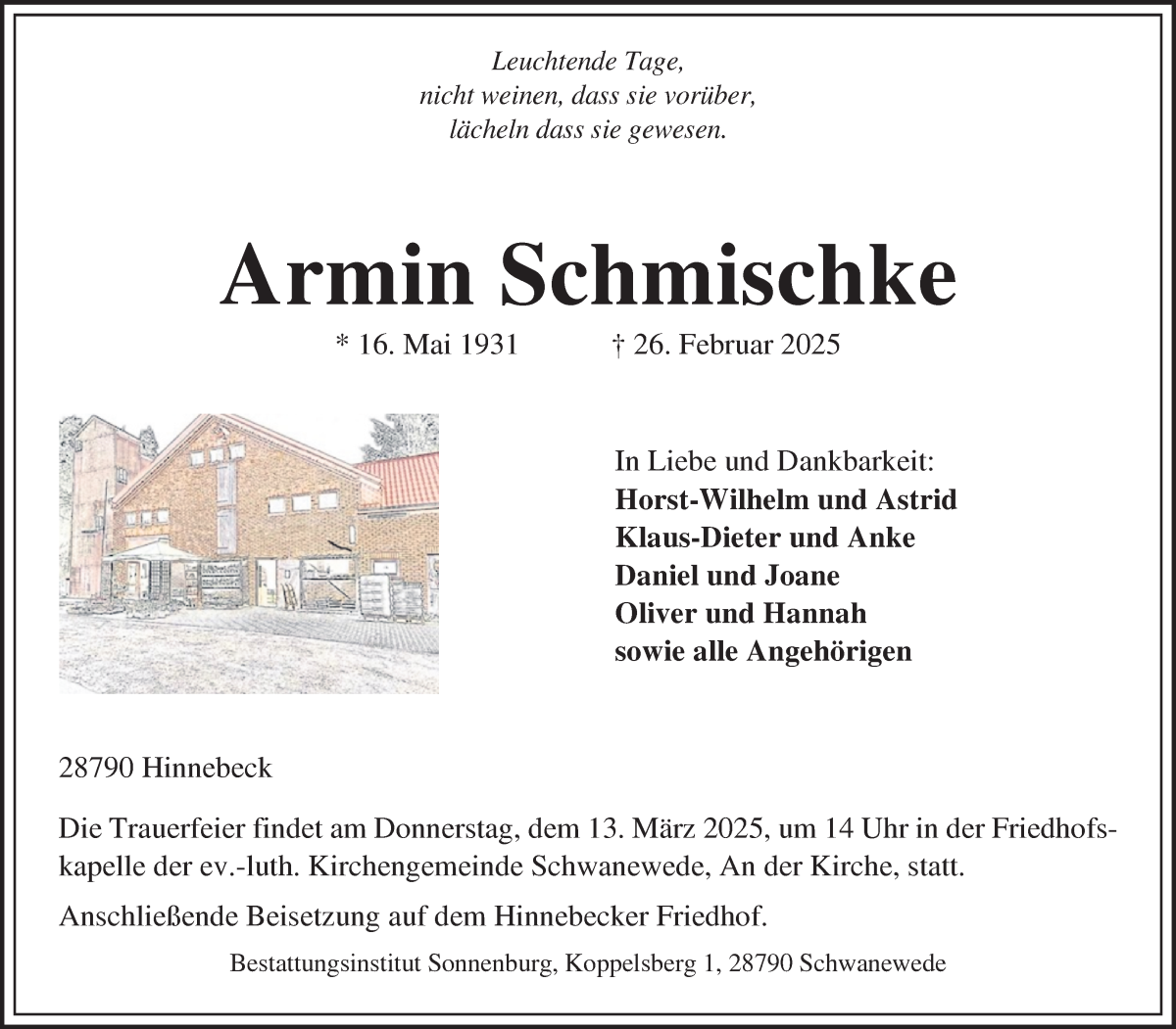 Traueranzeige von Armin Schmischke von Die Norddeutsche