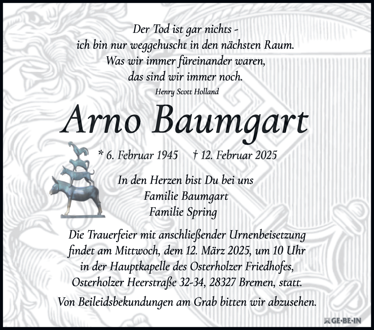 Traueranzeige von Arno Baumgart von WESER-KURIER