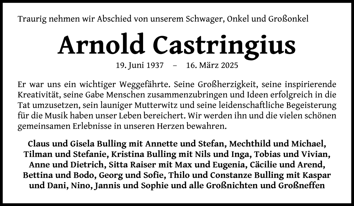 Traueranzeige von Arnold Castringius von WESER-KURIER