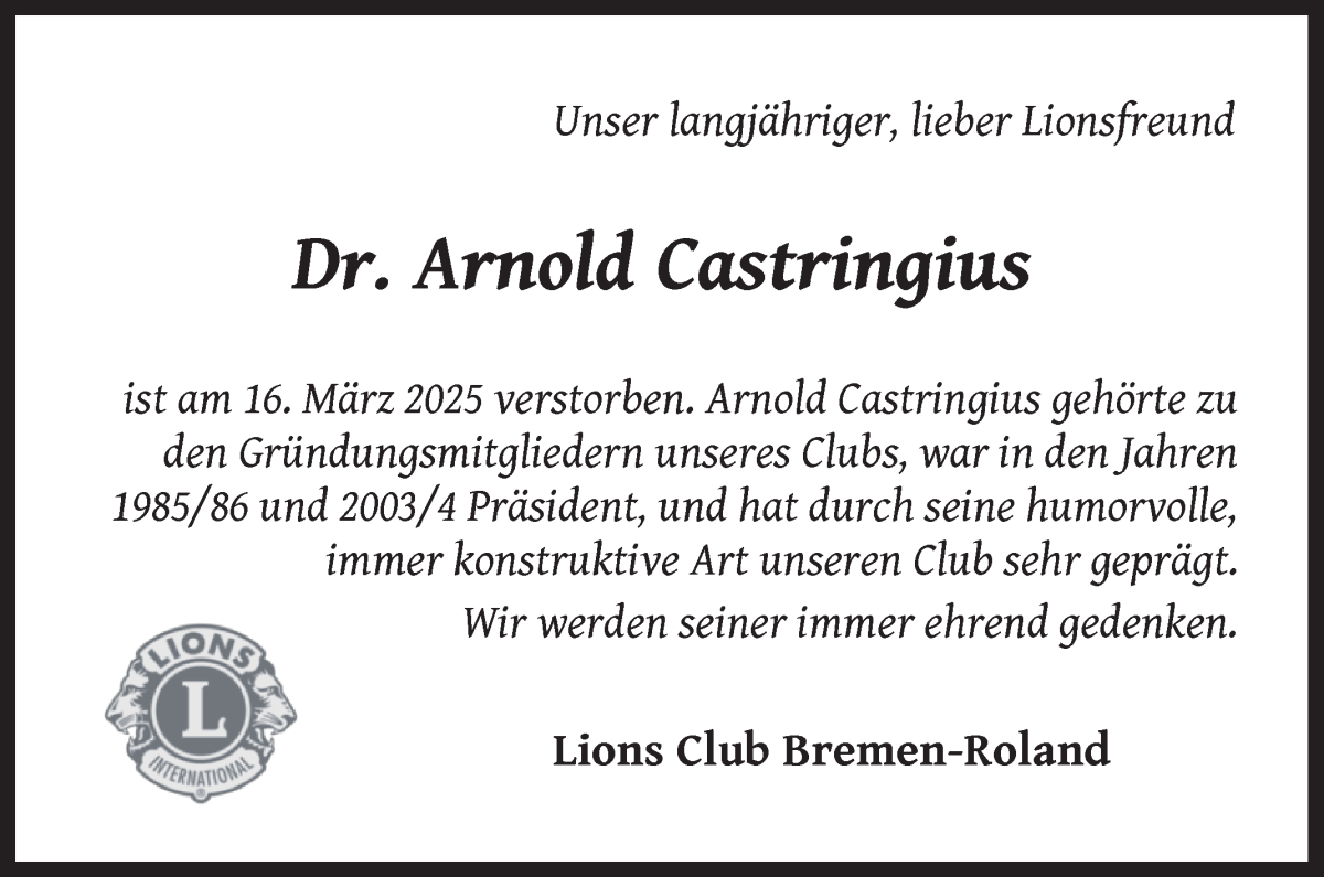 Traueranzeige von Arnold Castringius von WESER-KURIER