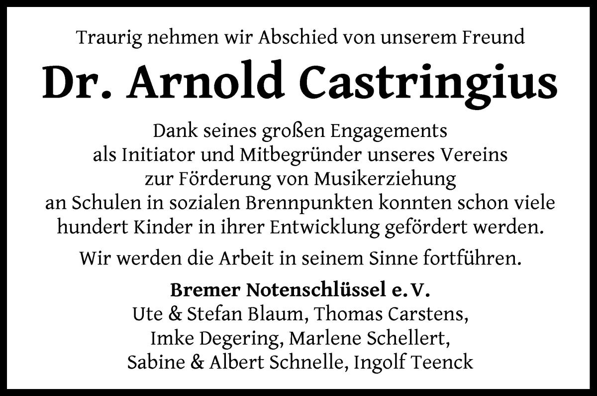 Traueranzeige von Arnold Castringius von WESER-KURIER