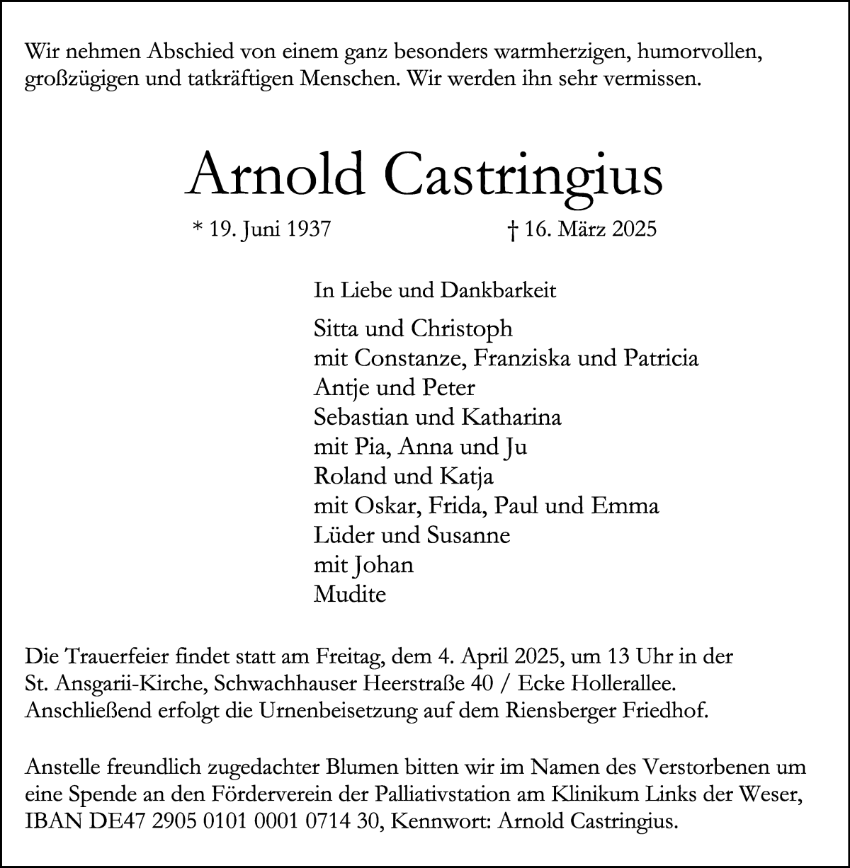 Traueranzeige von Arnold Castringuis von WESER-KURIER