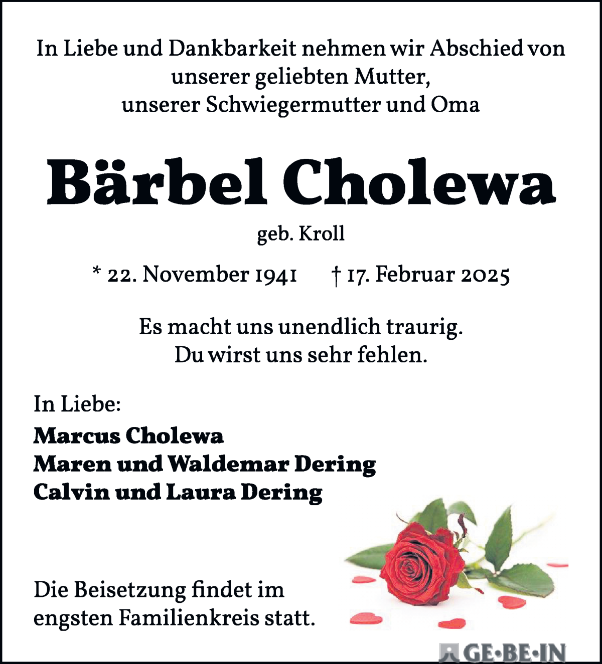 Traueranzeige von Bärbel Cholewa von WESER-KURIER