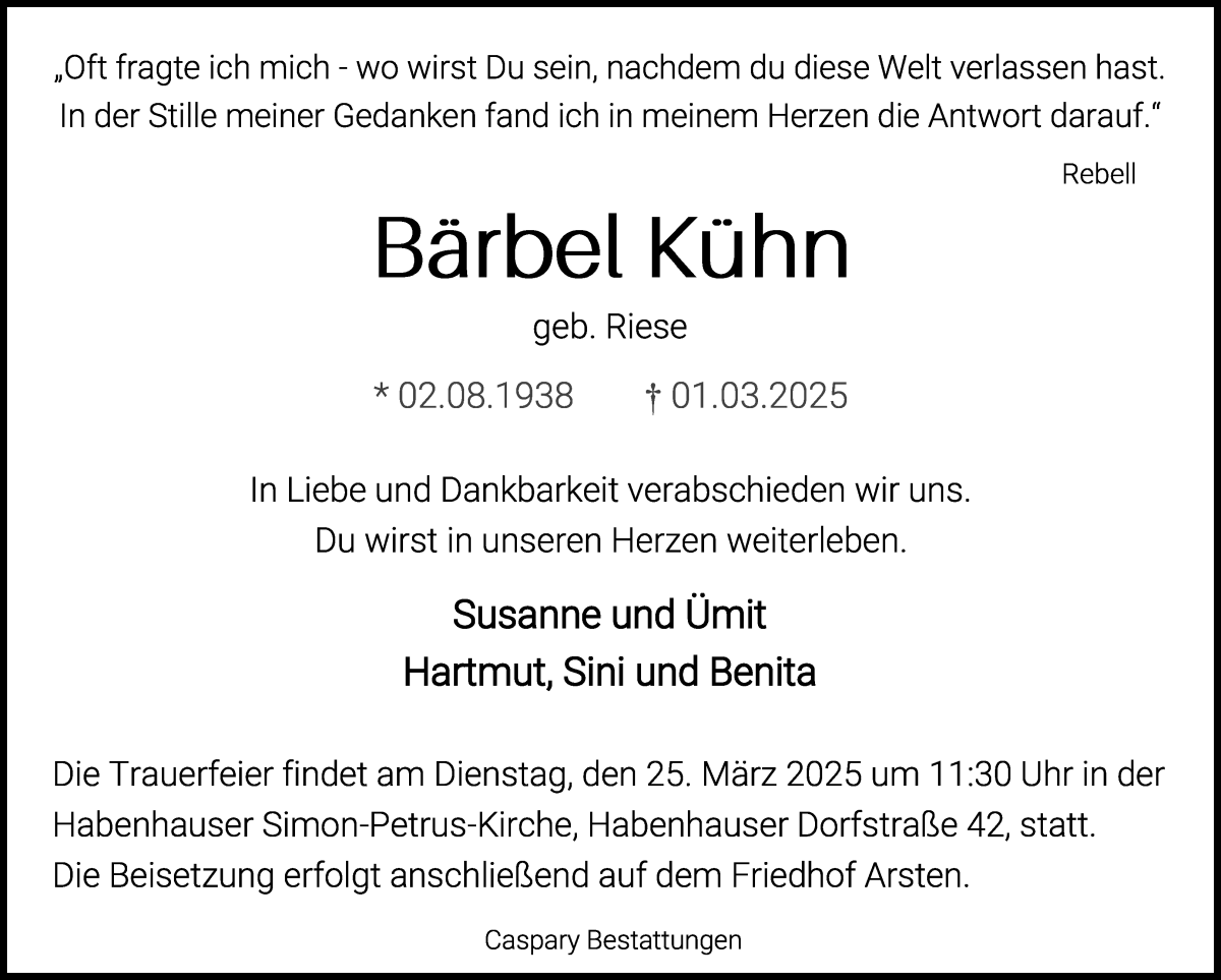 Traueranzeige von Bärbel Kühn von WESER-KURIER