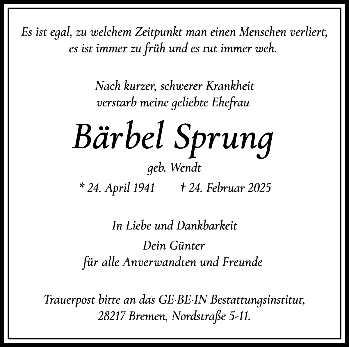 Traueranzeige von Bärbel Sprung von WESER-KURIER