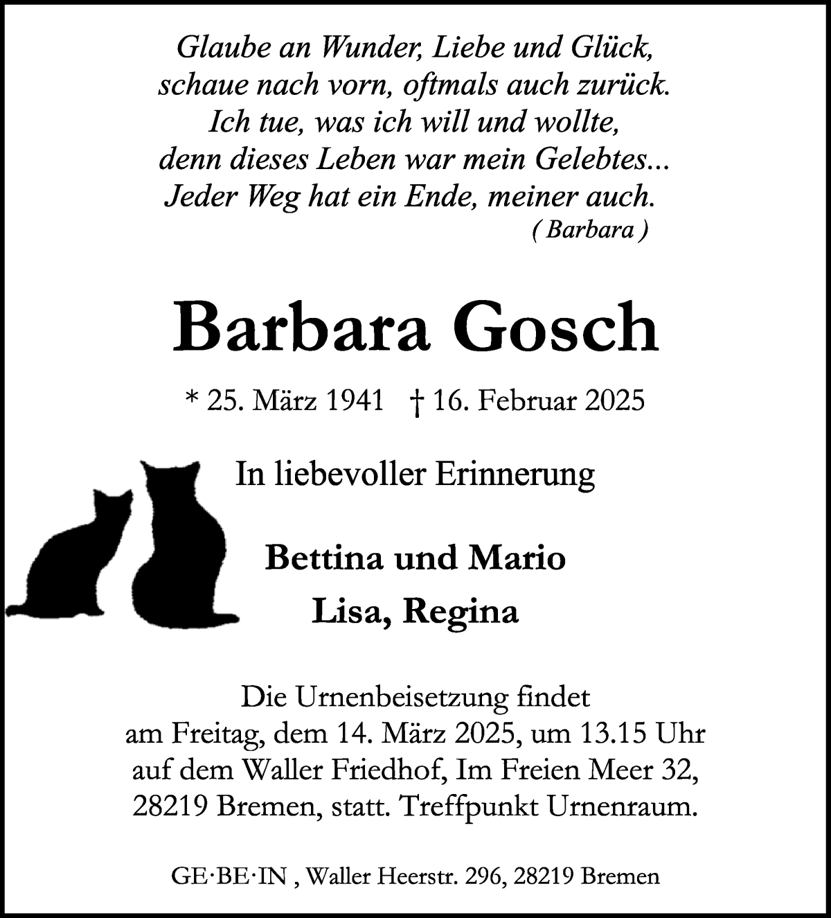 Traueranzeige von Barbara Gosch von WESER-KURIER