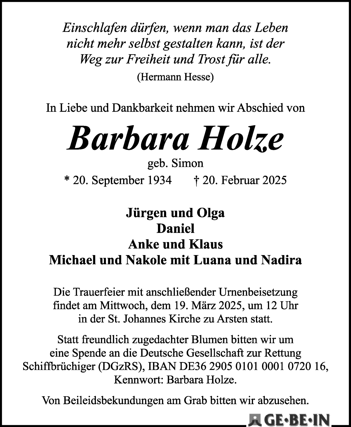 Traueranzeige von Barbara Holze von WESER-KURIER