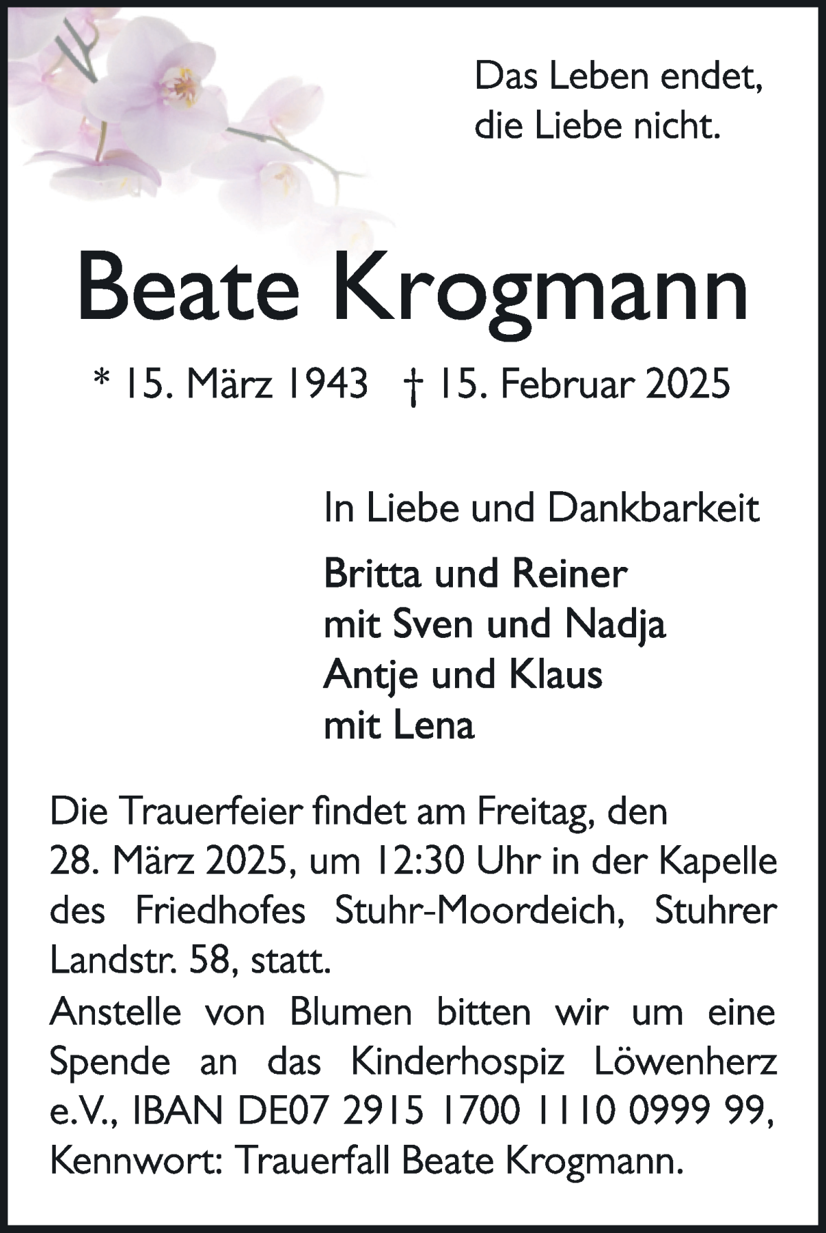 Traueranzeige von Beate Krogmann von WESER-KURIER