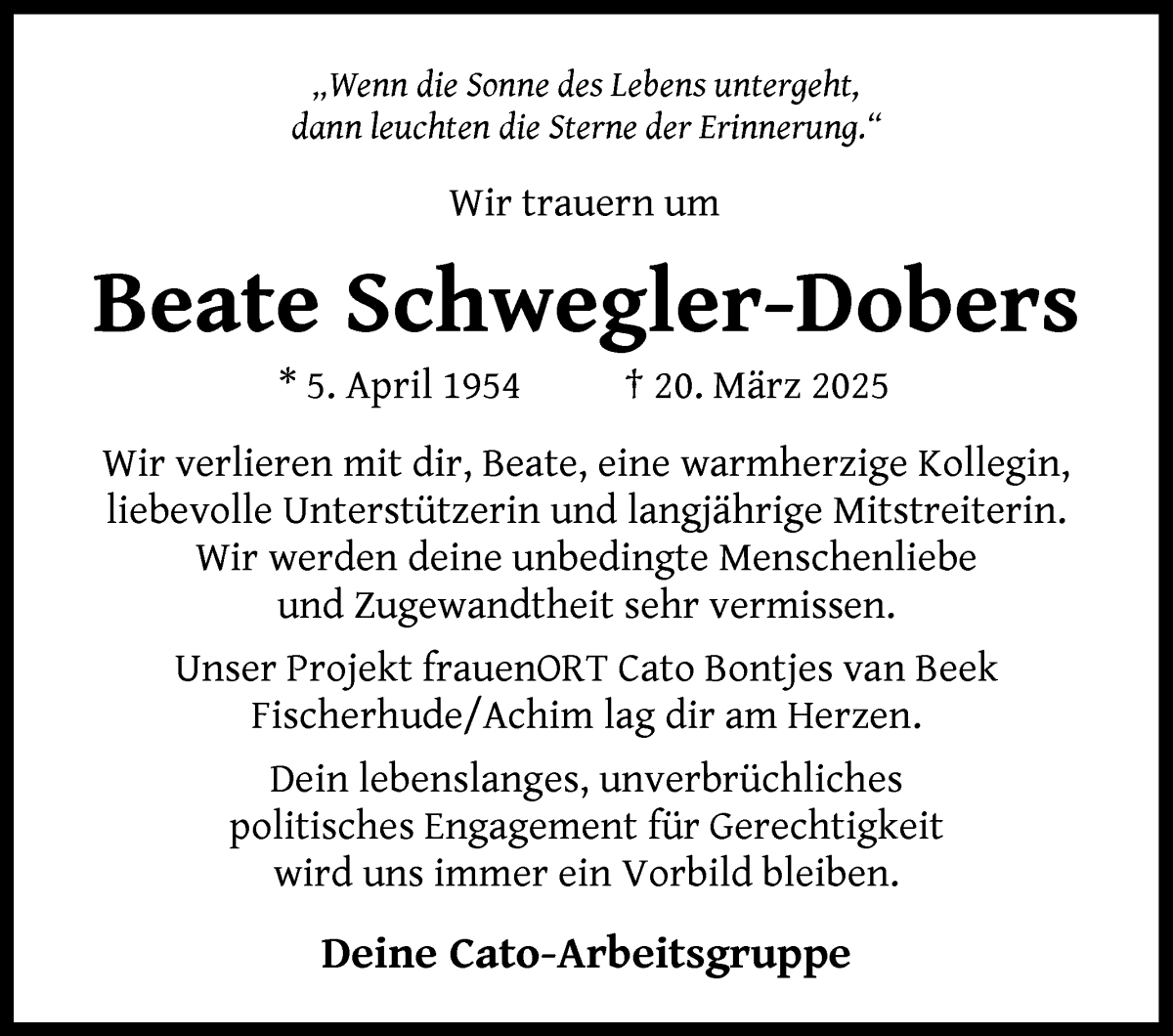 Traueranzeige von Beate Schwegler-Dobers von Achimer Kurier/Verdener Nachrichten