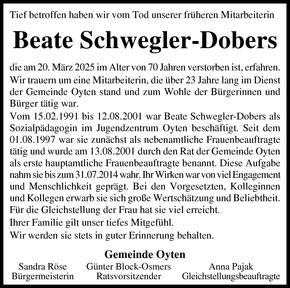 Traueranzeige von Beate Schwegler-Dobers von Achimer Kurier/Verdener Nachrichten