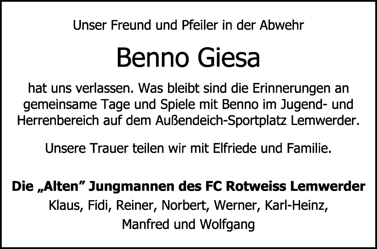 Traueranzeige von Benno Giesa von Die Norddeutsche
