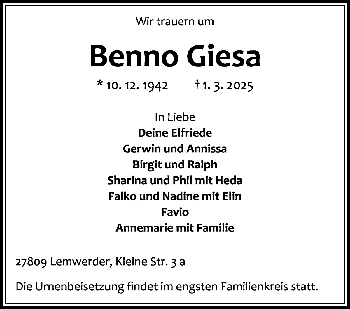 Traueranzeige von Benno Giesa von Die Norddeutsche