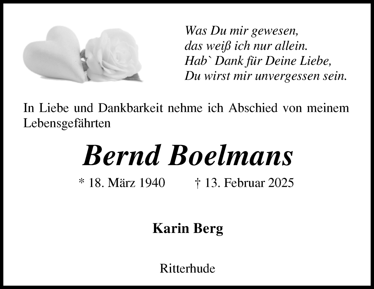 Traueranzeige von Bernd Boelmans von Osterholzer Kreisblatt