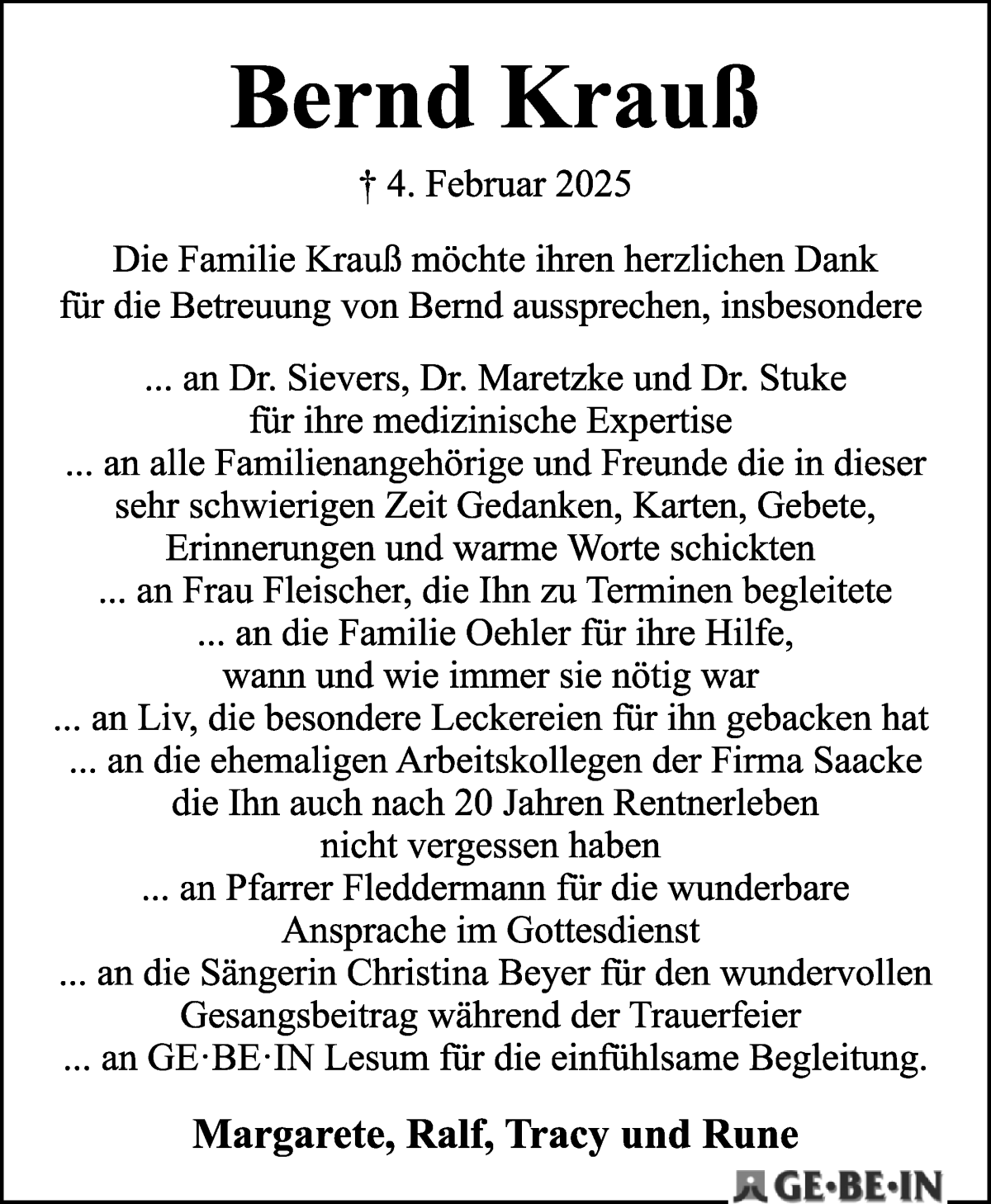 Traueranzeige von Bernd Krauß von WESER-KURIER