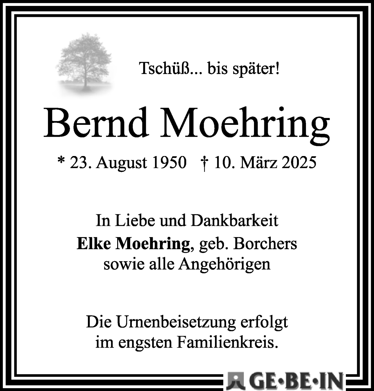 Traueranzeige von Bernd Moehring von WESER-KURIER