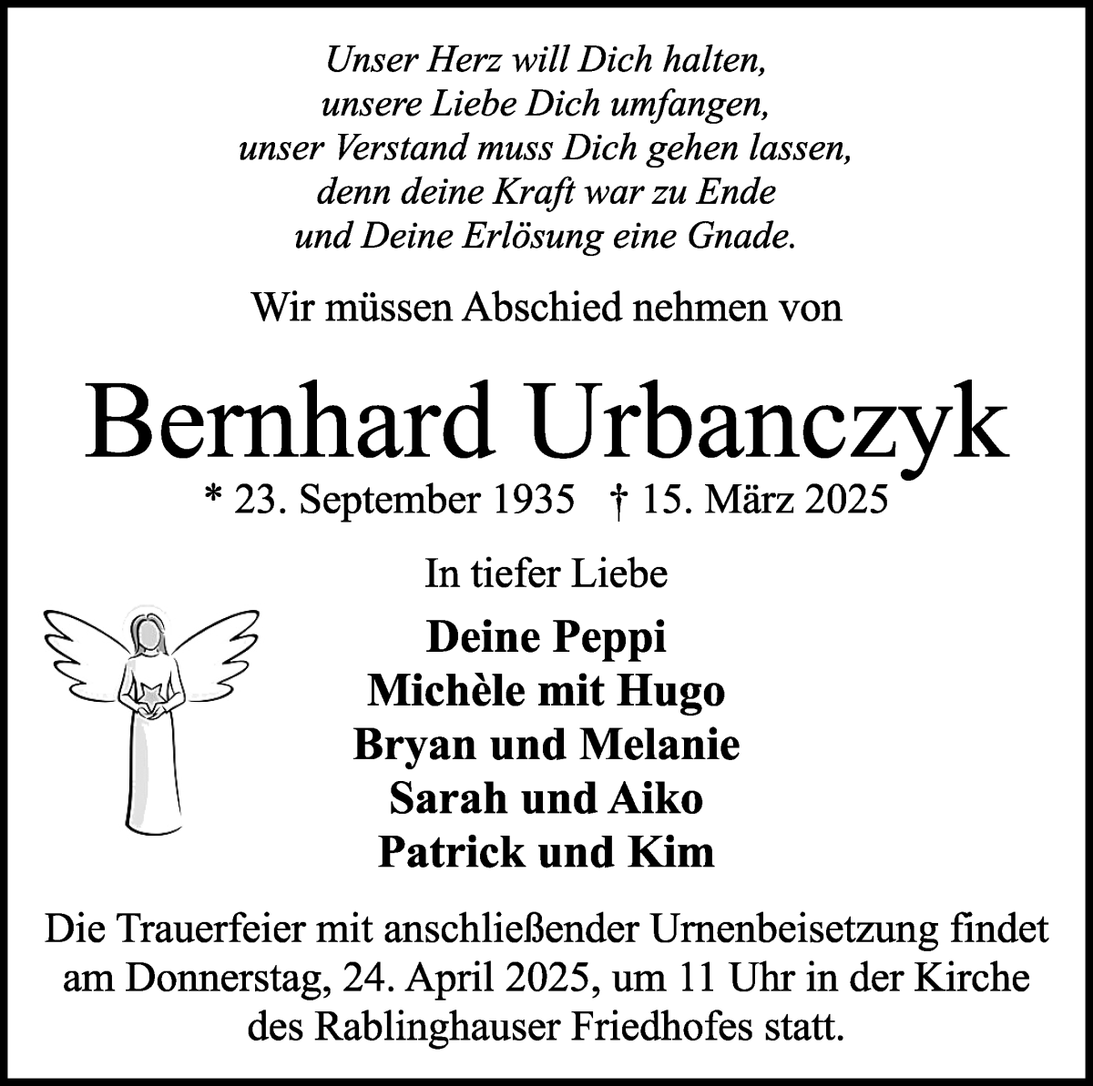 Traueranzeige von Bernhard Urbanczyk von WESER-KURIER