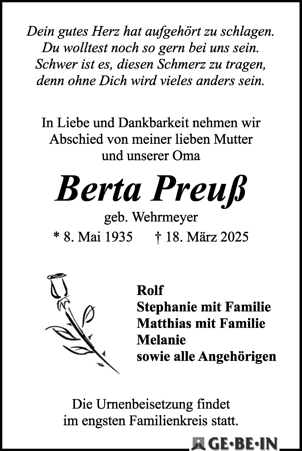 Traueranzeige von Berta Preuß von WESER-KURIER