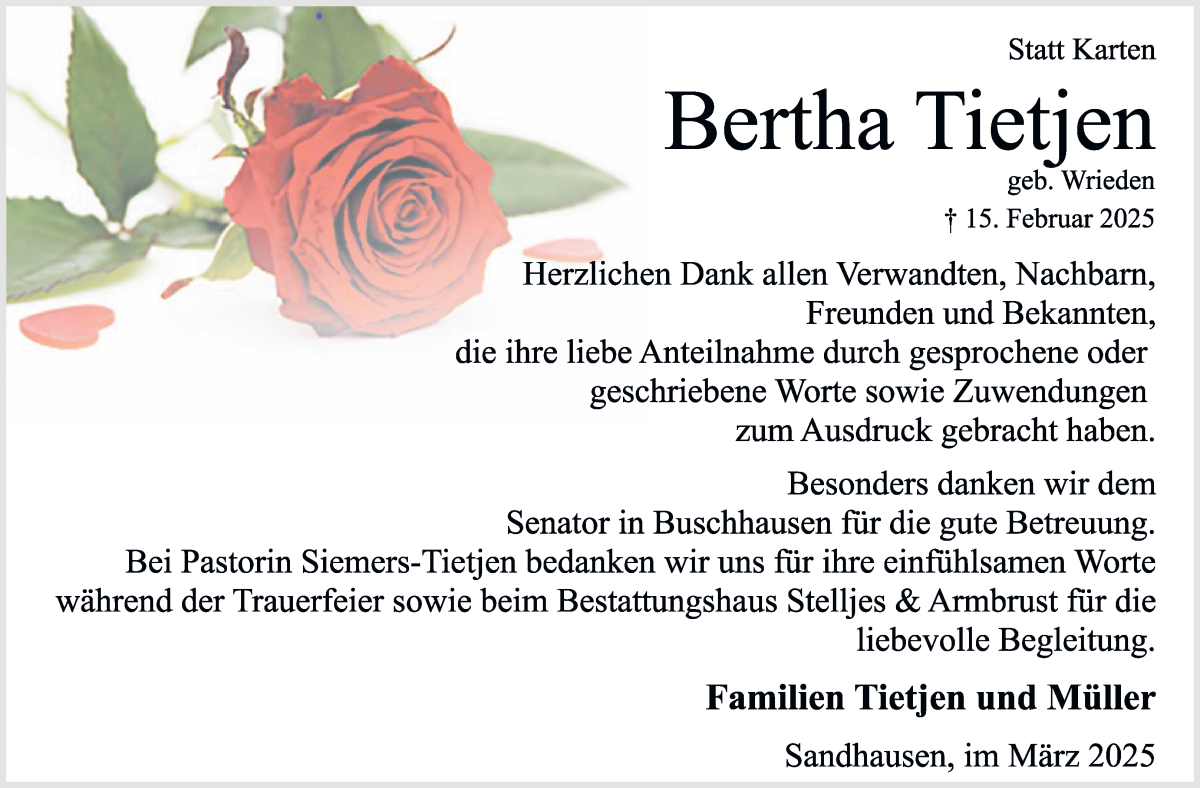 Traueranzeige von Bertha Tietjen von Osterholzer Kreisblatt
