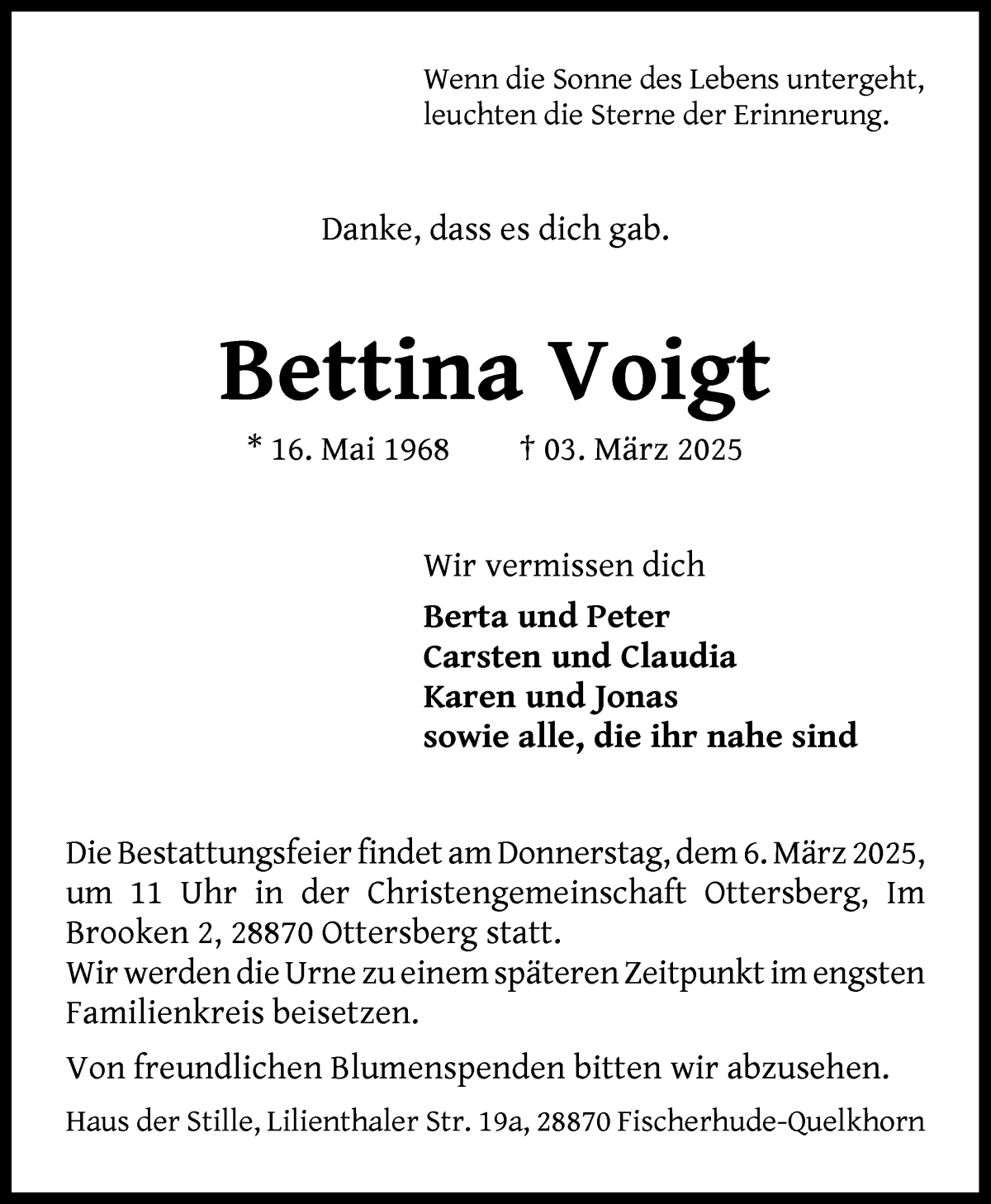 Traueranzeige von Bettina Voigt von WESER-KURIER