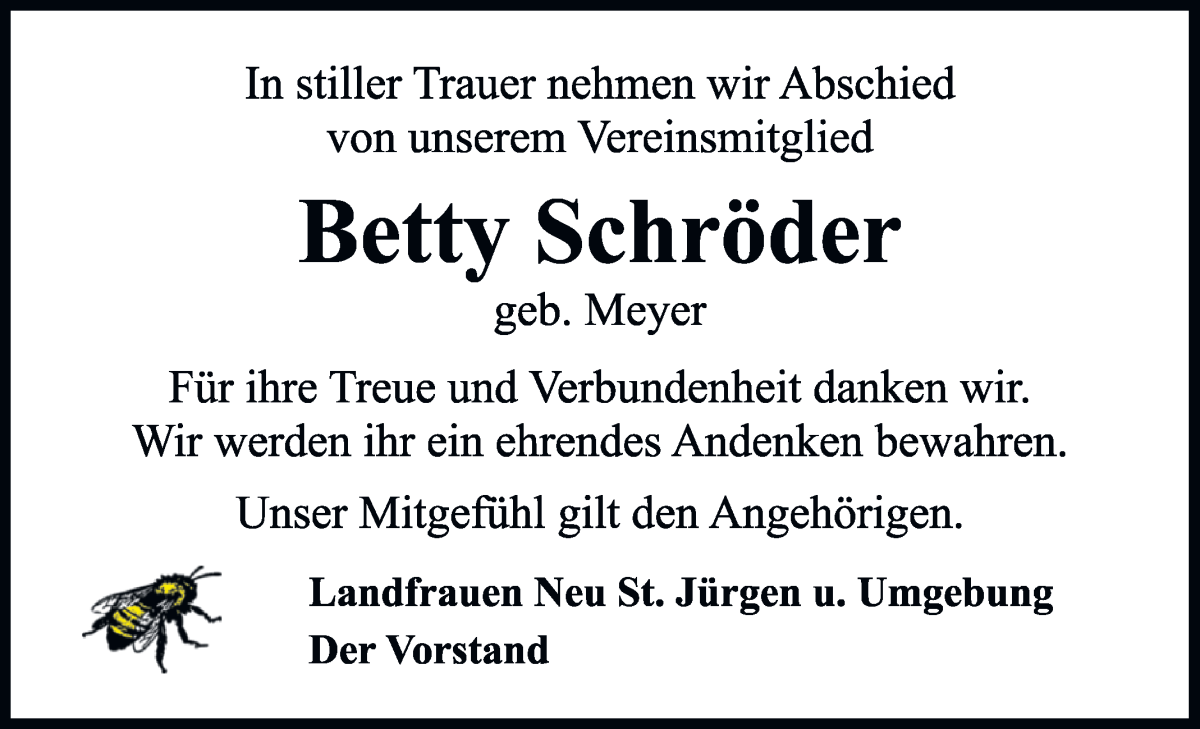 Traueranzeige von Betty Schröder von Wuemme Zeitung