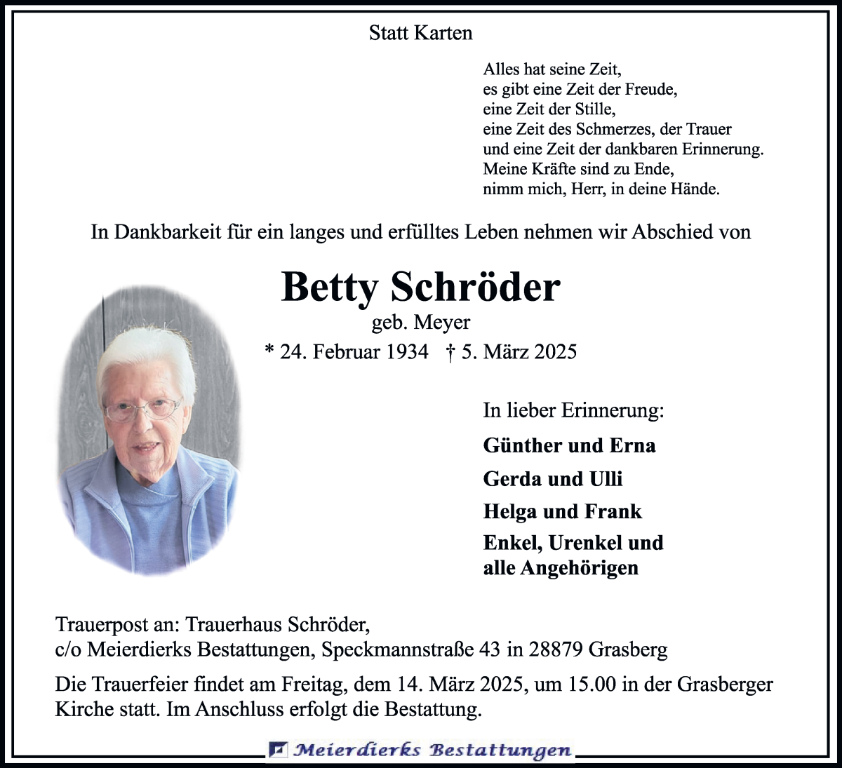 Traueranzeige von Betty Schröder von Wuemme Zeitung