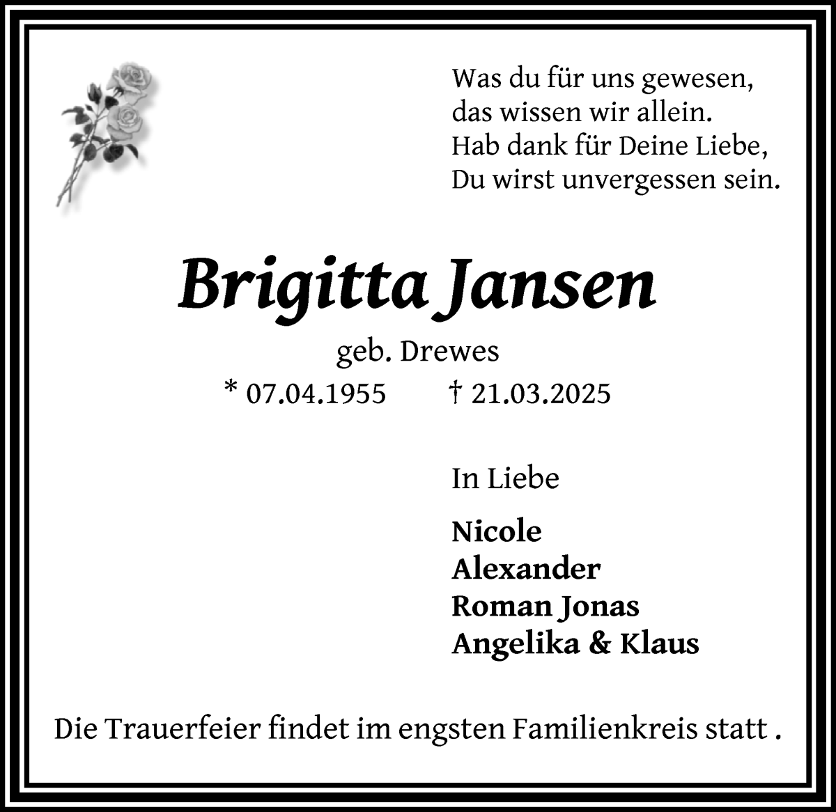 Traueranzeige von Brigitta Jansen von Wuemme Zeitung