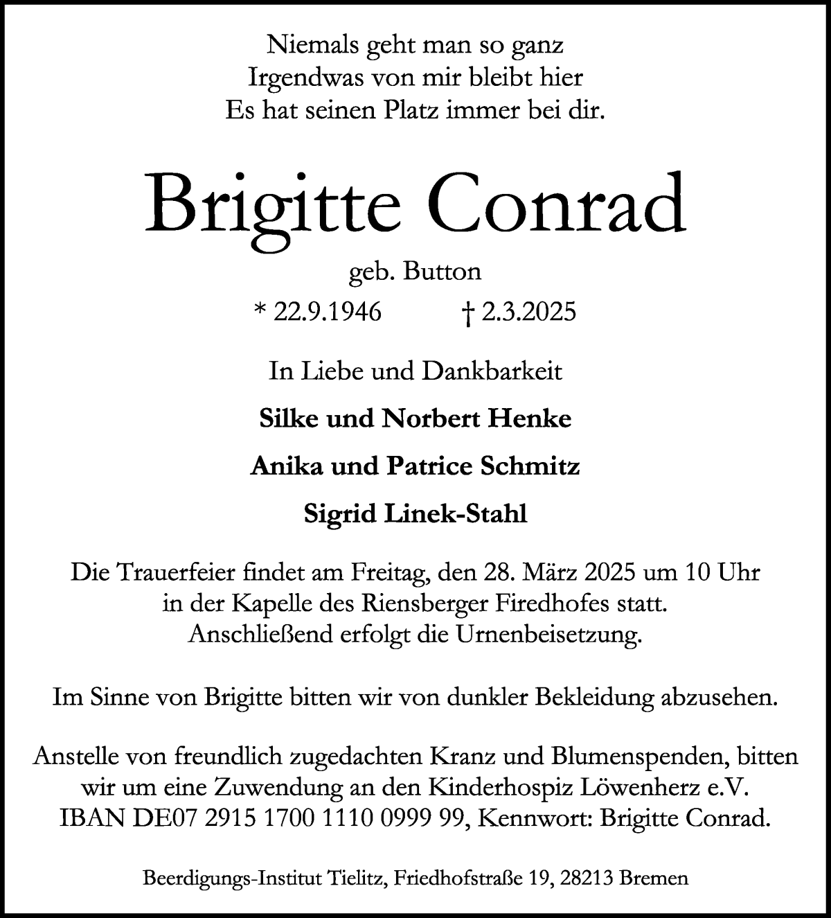 Traueranzeige von Brigitte Conrad von WESER-KURIER