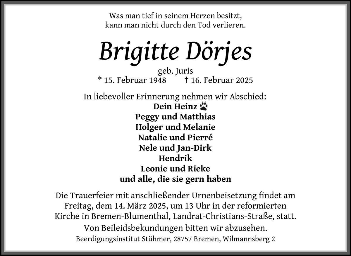 Traueranzeige von Brigitte Dörjes von Die Norddeutsche