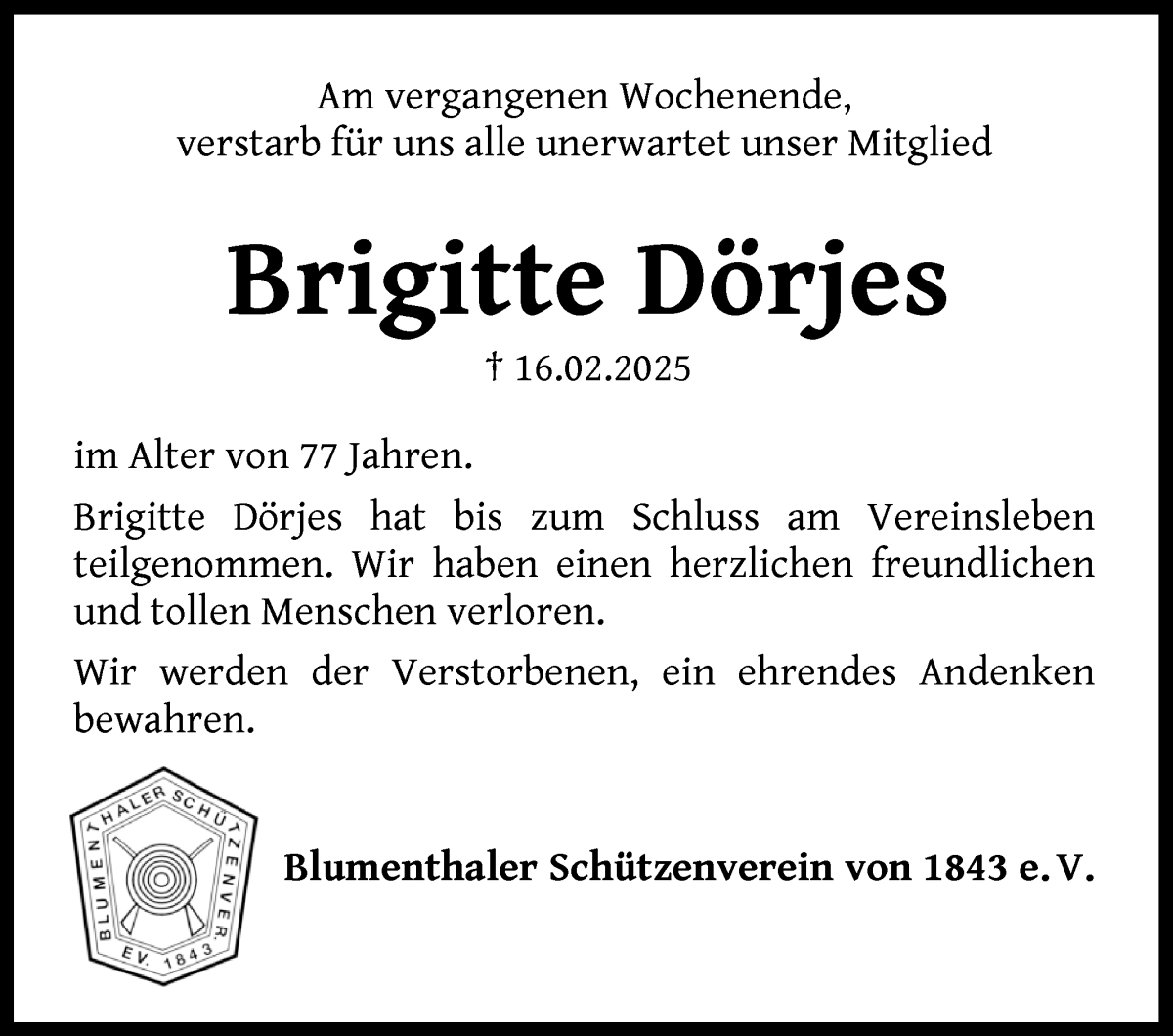 Traueranzeige von Brigitte Dörjes von Die Norddeutsche