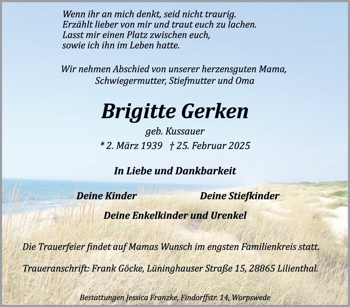 Traueranzeige von Brigitte Gerken von Wuemme Zeitung