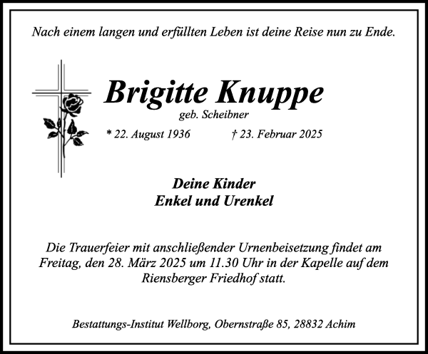 Traueranzeige von Brigitte Knuppe von WESER-KURIER